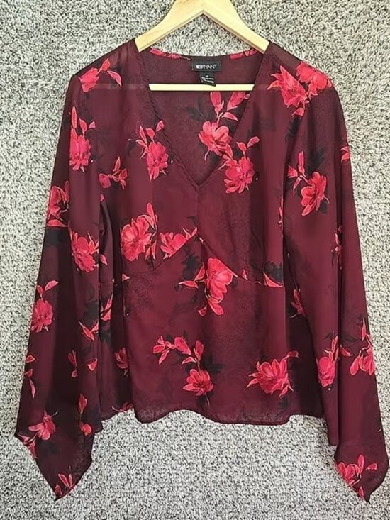 Lane Bryant Tops - Lane Bryant Top Womens Plus 20 Burgundy Floral Print Sheer Blouse V Neck Ladies